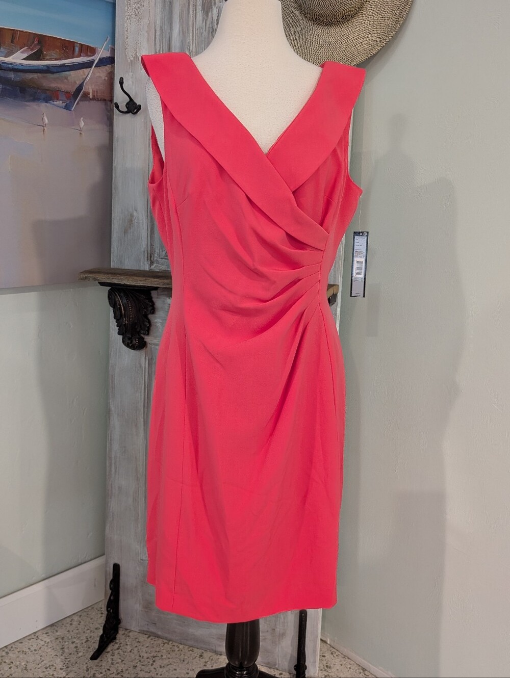 NWT Tahari Coral Pink Sleeveless Ruched V-Neck Dress